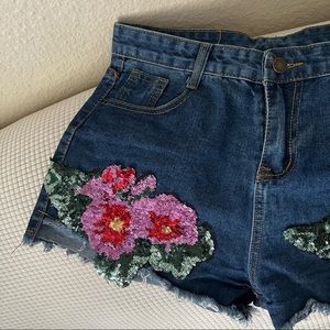 Sequin Roses Jeans Shorts